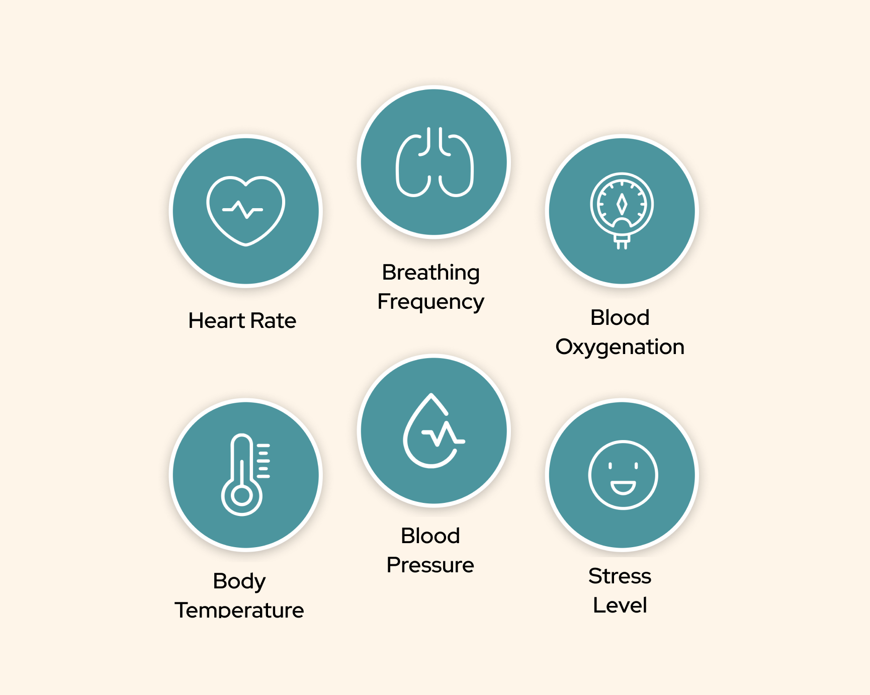 Parameters: heart rate, breathing frequency, blood oxygenation, body temperature, blood pressure, stress level
