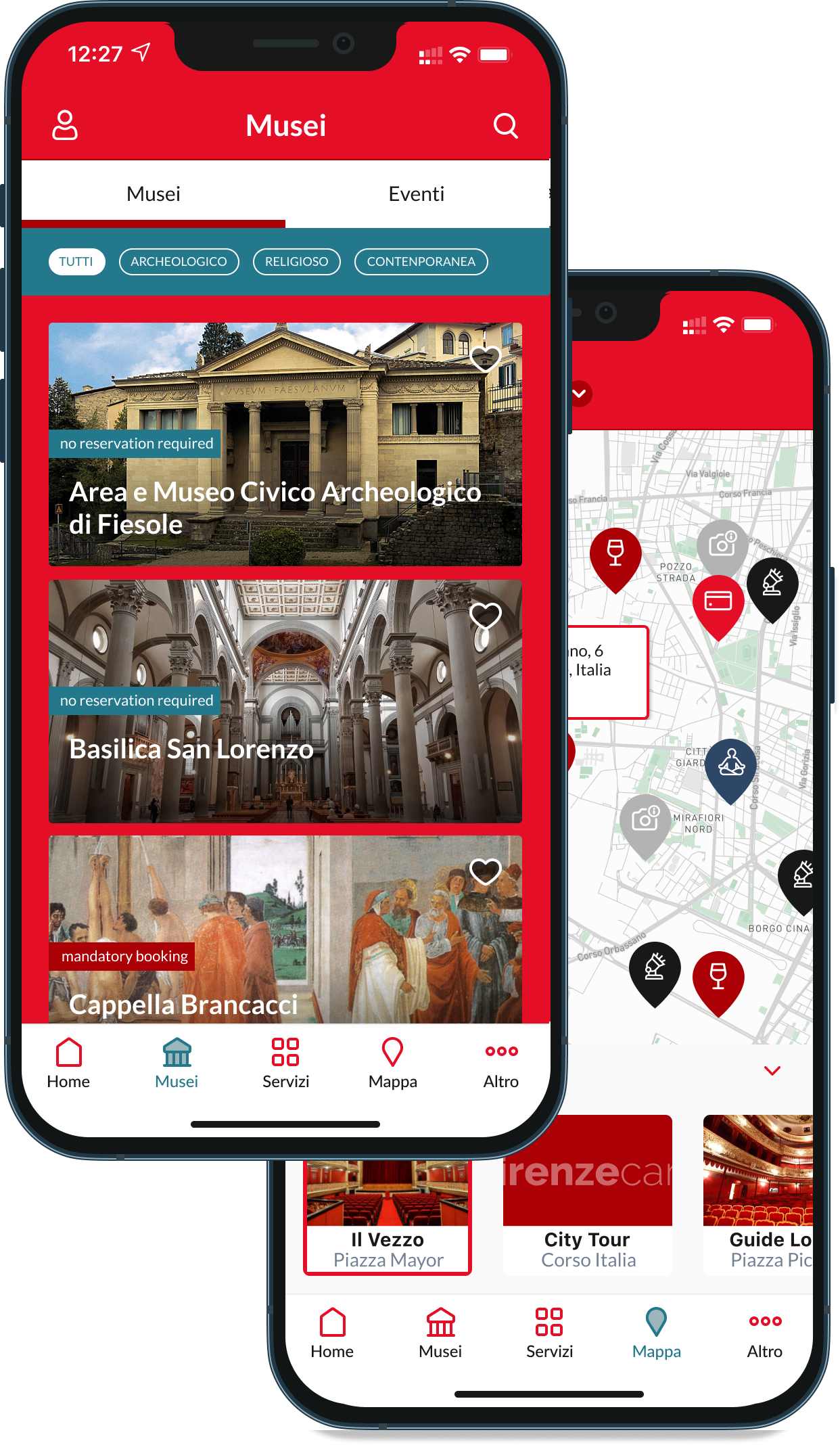 mockups di firenze card - schermata con lista musei e mappa attrazioni della città